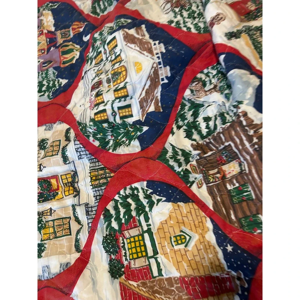 Vintage Christmas Winter Village Quilt Red Blue Green Holiday full comforter
